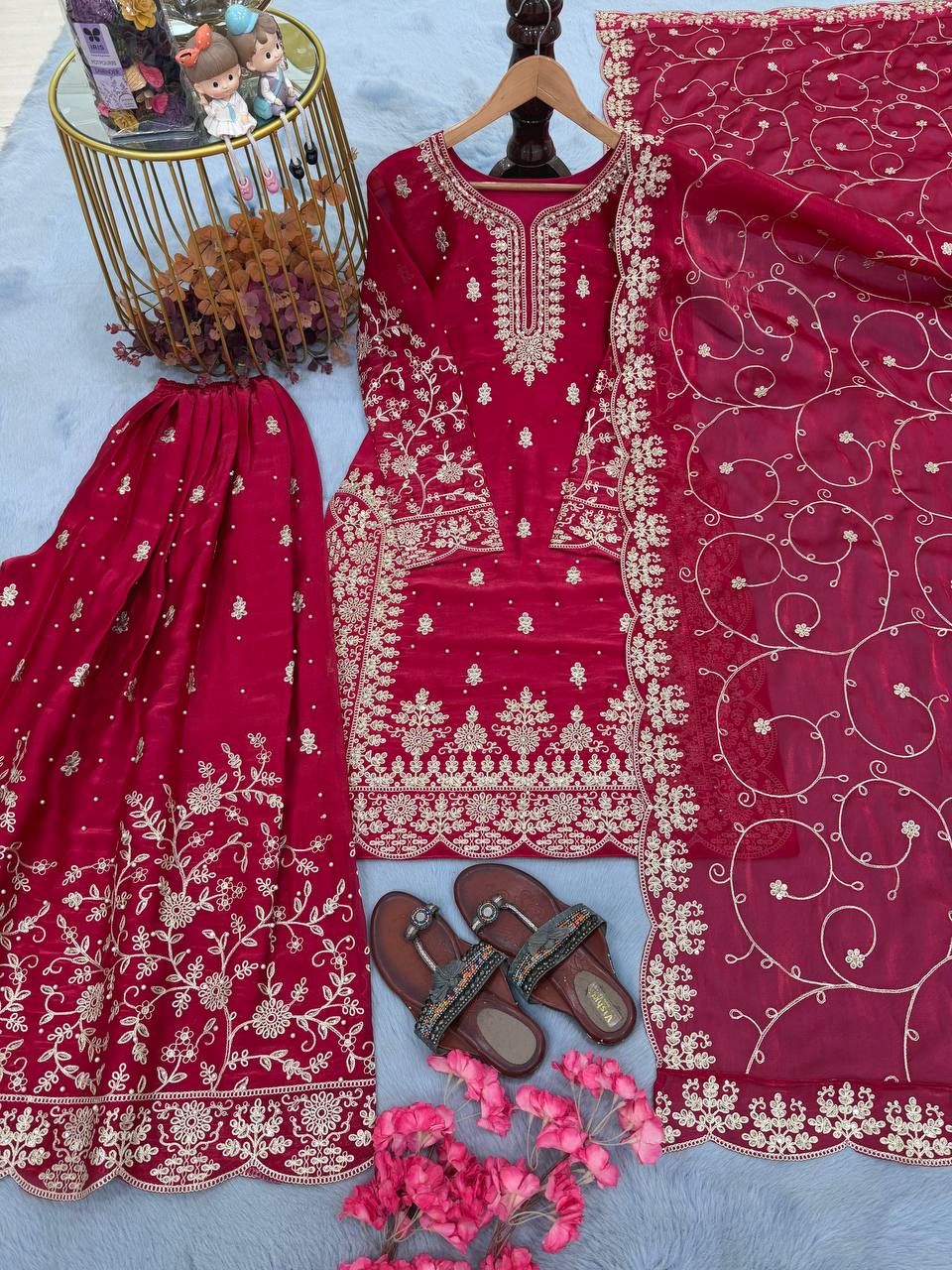 Rani Pink Silk Heavy Embroidered Kurta Palazzo Set with Dupatta Festive Wear
