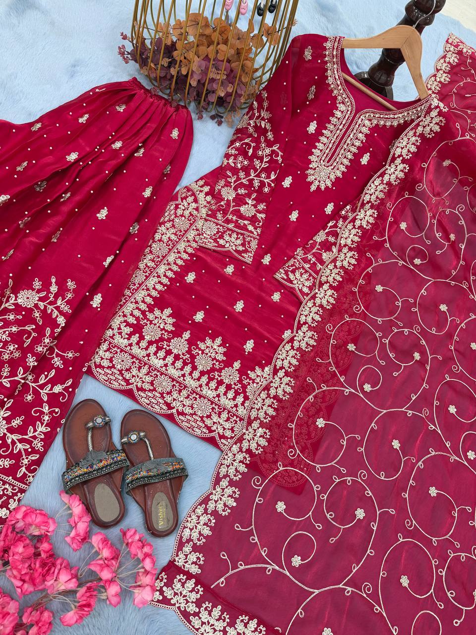 Rani Pink Silk Heavy Embroidered Kurta Palazzo Set with Dupatta Festive Wear