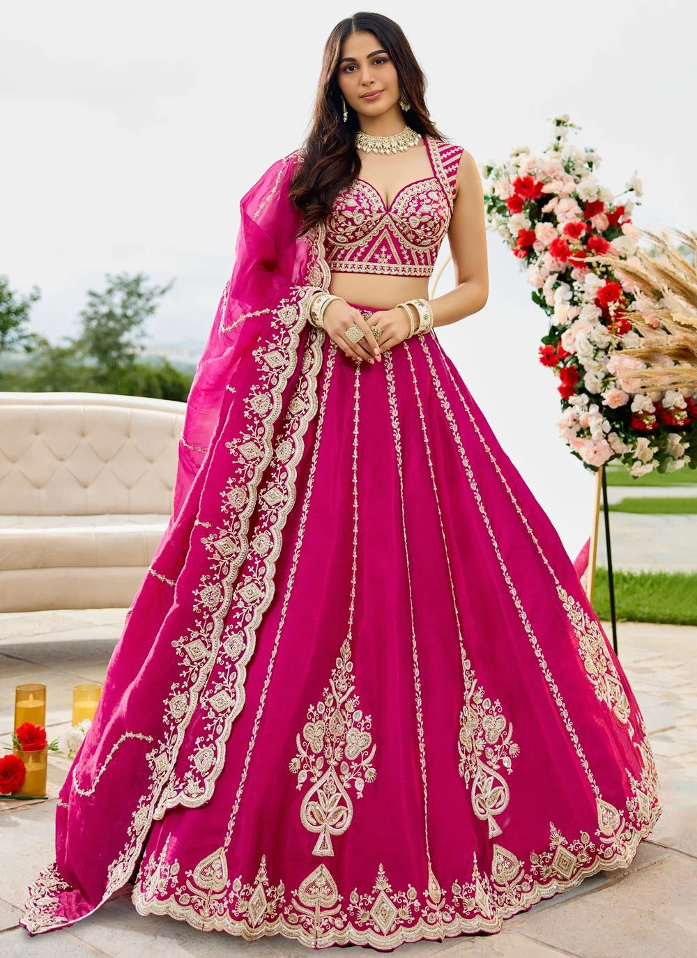 Rani pink silk wedding lehenga with sequins zari embroidery