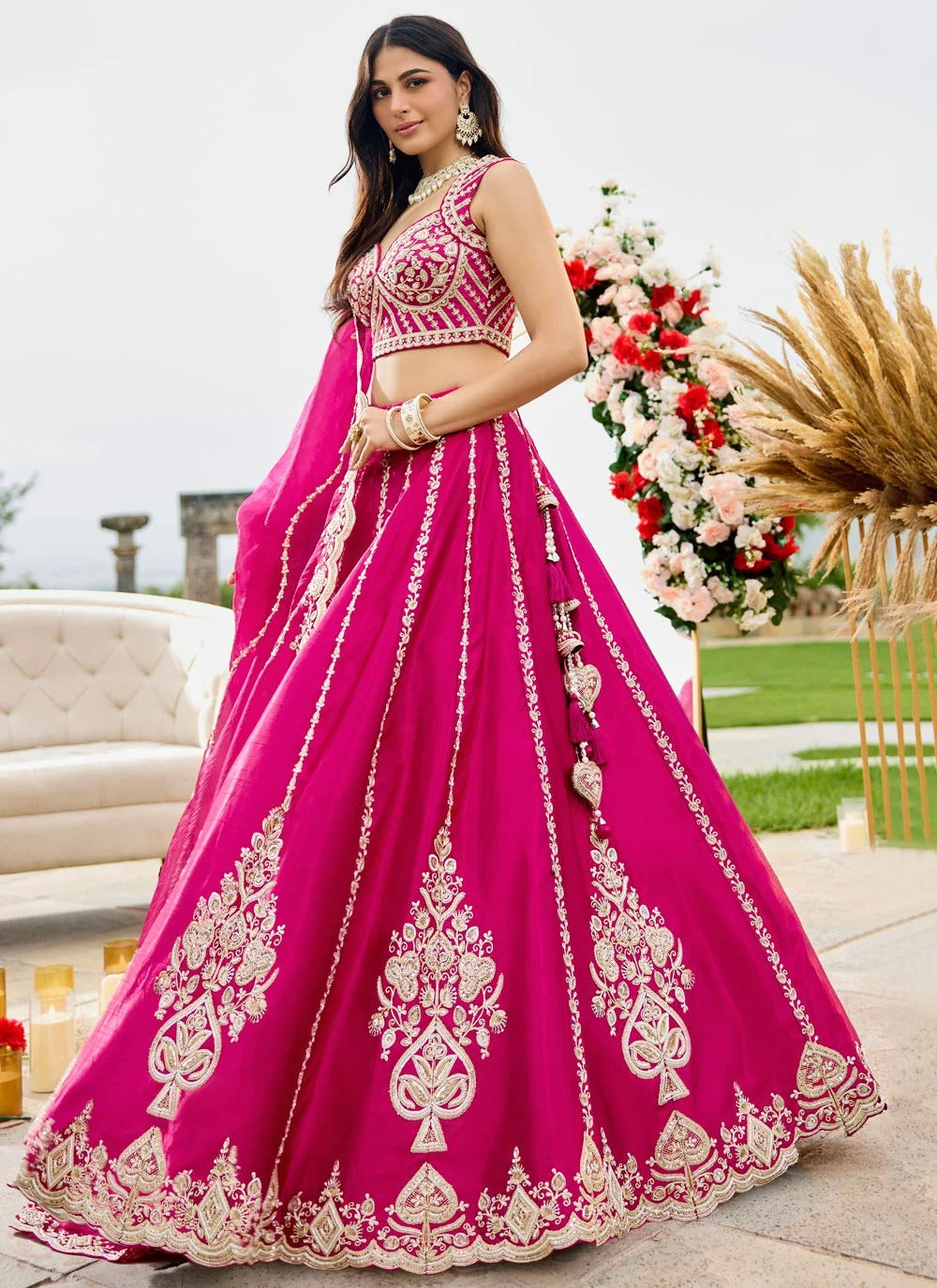 Rani pink silk wedding lehenga with sequins zari embroidery