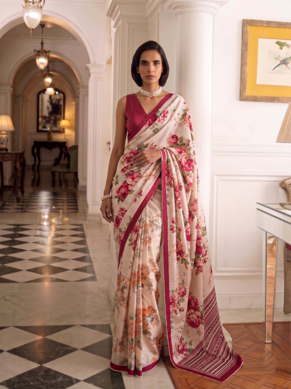 Rani Pink Tasar Silk Floral Print Saree