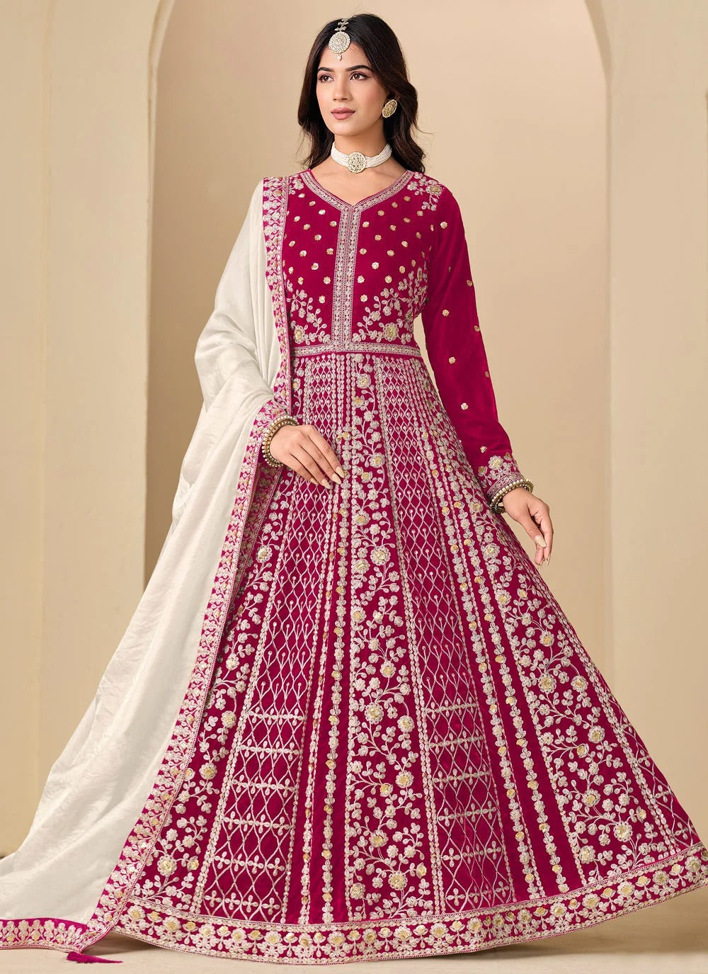 Rani pink velvet anarkali suit with embroidery work silk dupatta