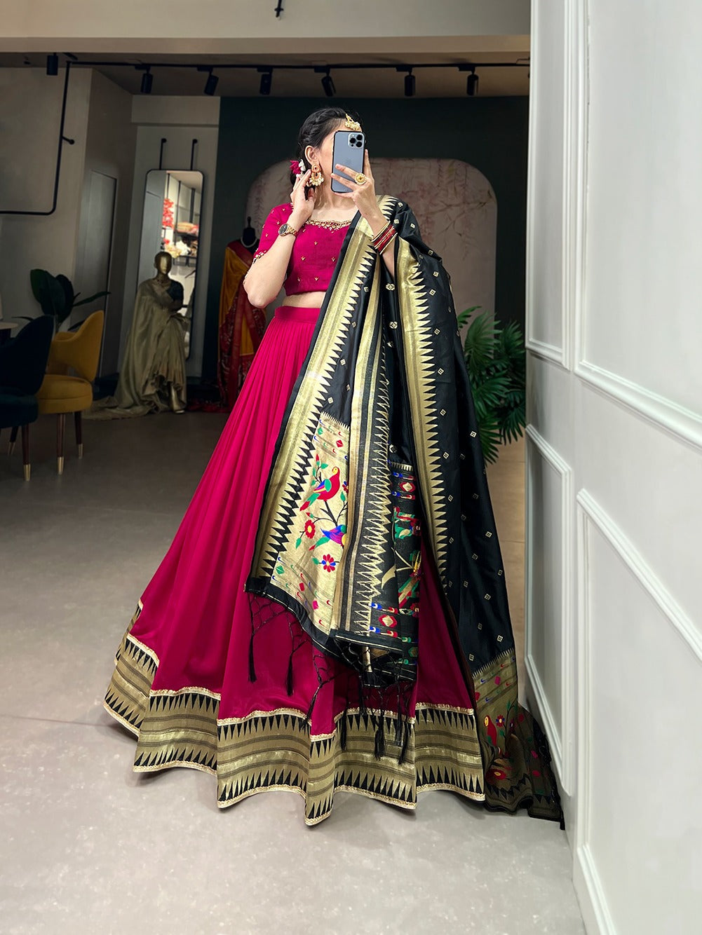 Rani Pink Vichitra Silk Lehenga Choli with Paithani Lace and Zari Dupatta