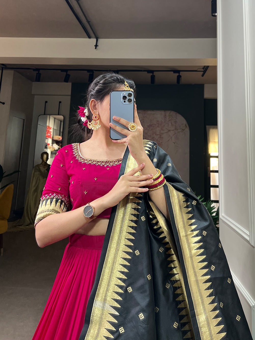 Rani Pink Vichitra Silk Lehenga Choli with Paithani Lace and Zari Dupatta