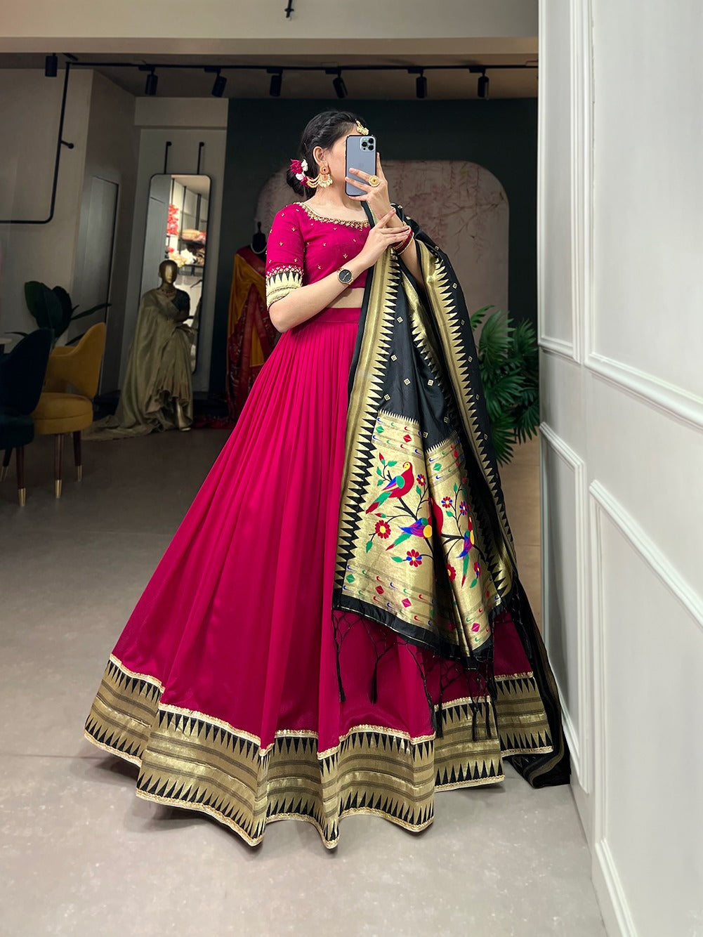 Rani Pink Vichitra Silk Lehenga Choli with Paithani Lace and Zari Dupatta