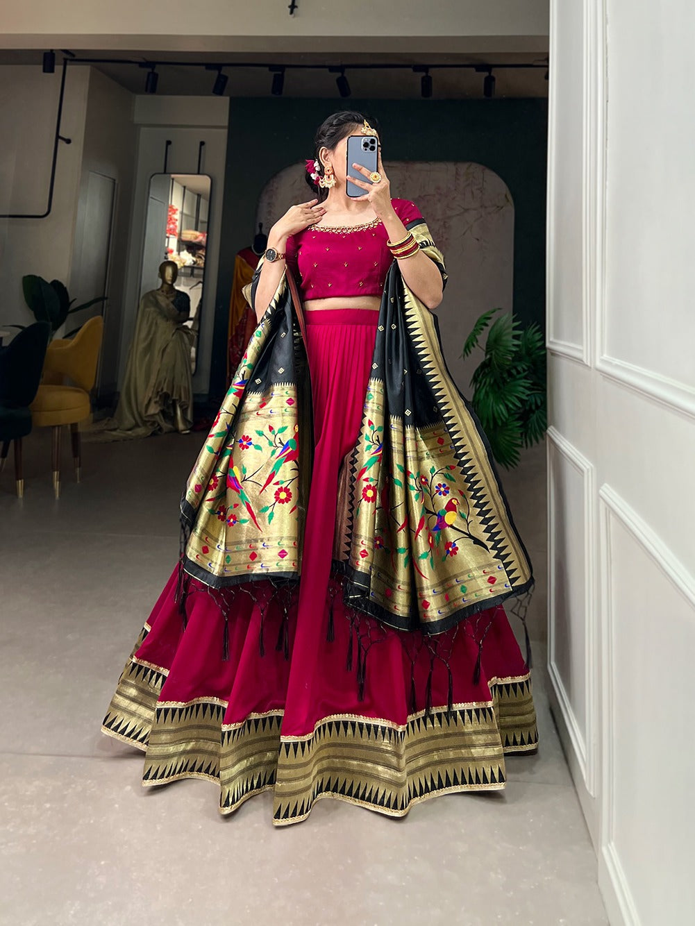 Rani Pink Vichitra Silk Lehenga Choli with Paithani Lace and Zari Dupatta