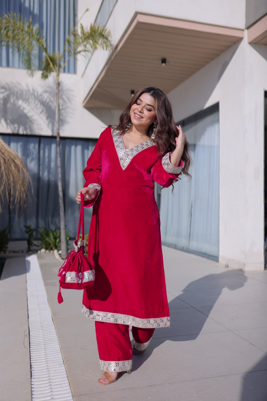 Rani Pink Zari & Real Mirror Work Kurta Pant Set with Batwa