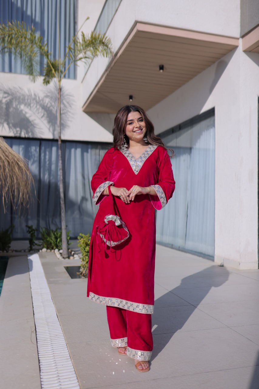 Rani Pink Zari & Real Mirror Work Kurta Pant Set with Batwa