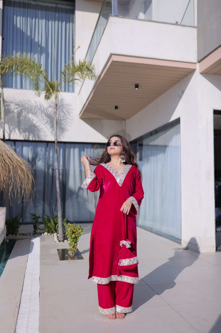 Rani Pink Zari & Real Mirror Work Kurta Pant Set with Batwa