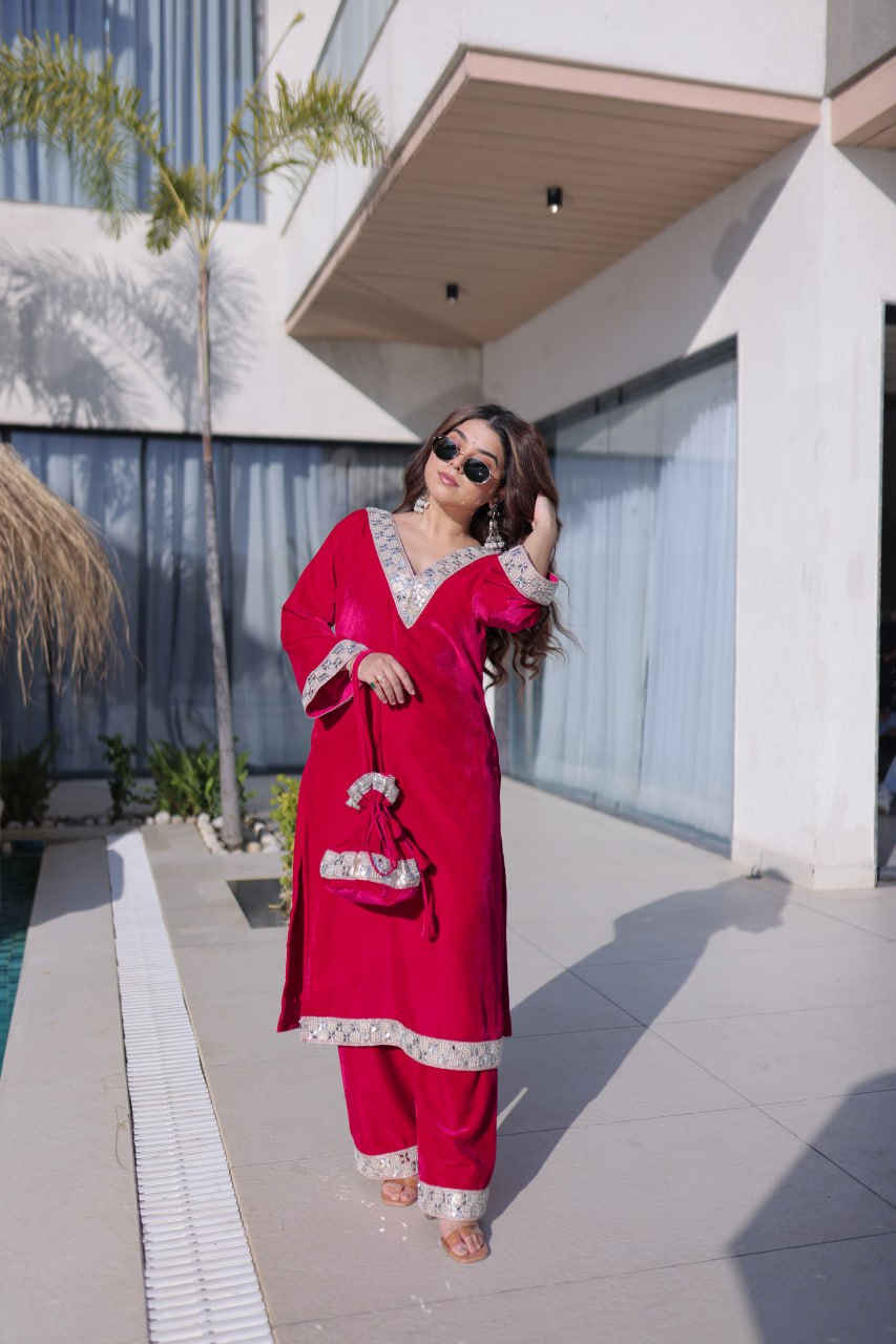 Rani Pink Zari & Real Mirror Work Kurta Pant Set with Batwa