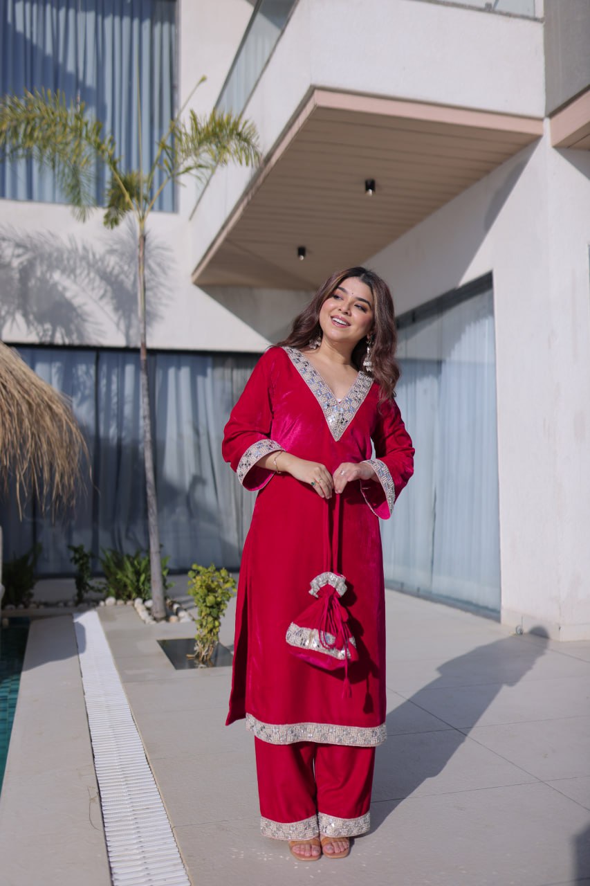 Rani Pink Zari & Real Mirror Work Kurta Pant Set with Batwa