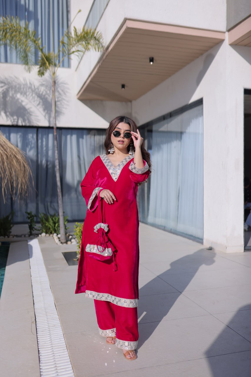 Rani Pink Zari & Real Mirror Work Kurta Pant Set with Batwa