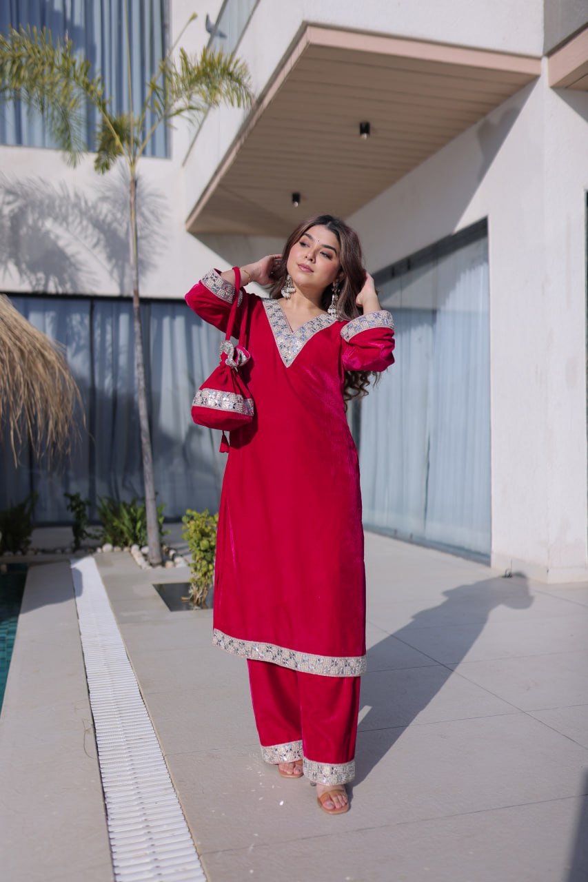 Rani Pink Zari & Real Mirror Work Kurta Pant Set with Batwa