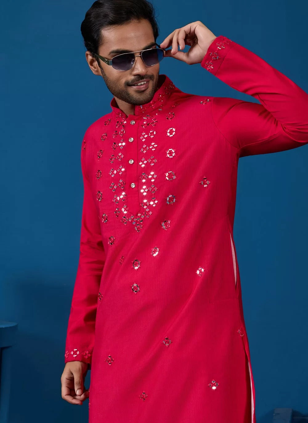 Radiant rani viscose silk mirror work men s kurta pyjama set