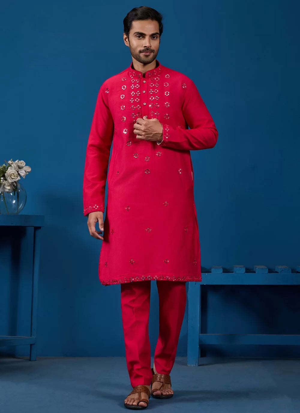 Radiant rani viscose silk mirror work men s kurta pyjama set