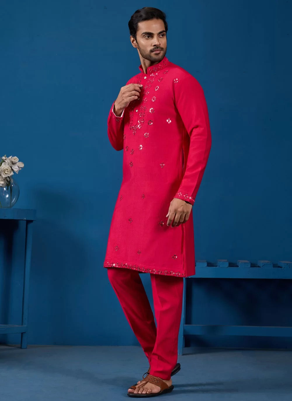 Radiant rani viscose silk mirror work men s kurta pyjama set