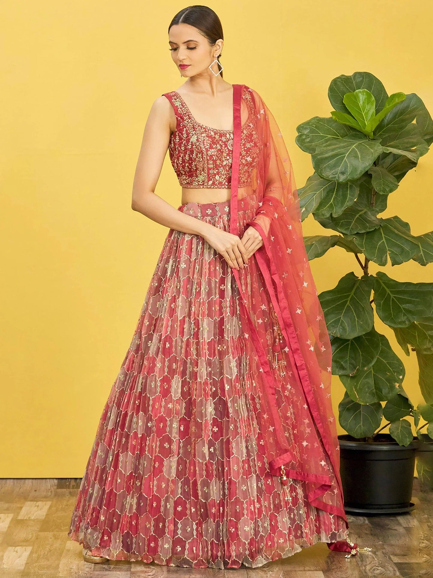 Ravishing Dusty Pink Mirror Work Organza Engagements Lehenga Choli