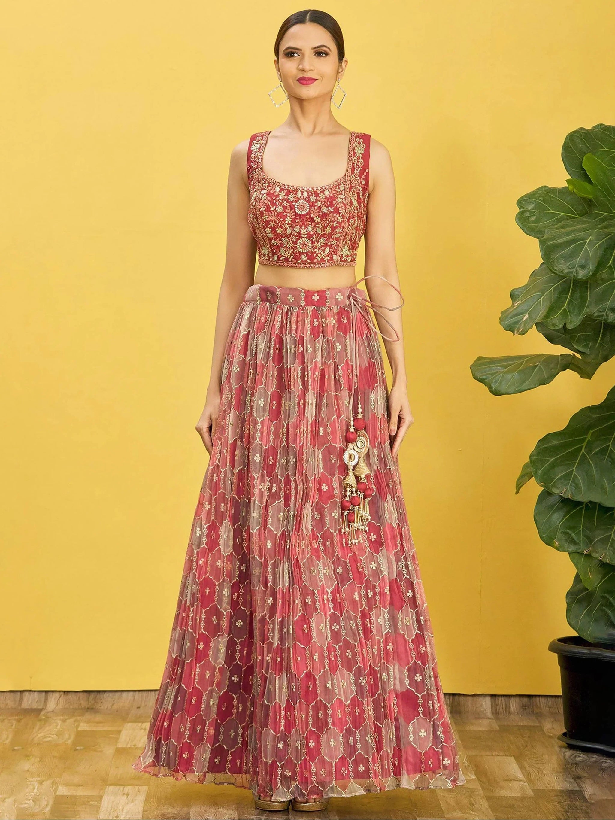 Ravishing Dusty Pink Mirror Work Organza Engagements Lehenga Choli