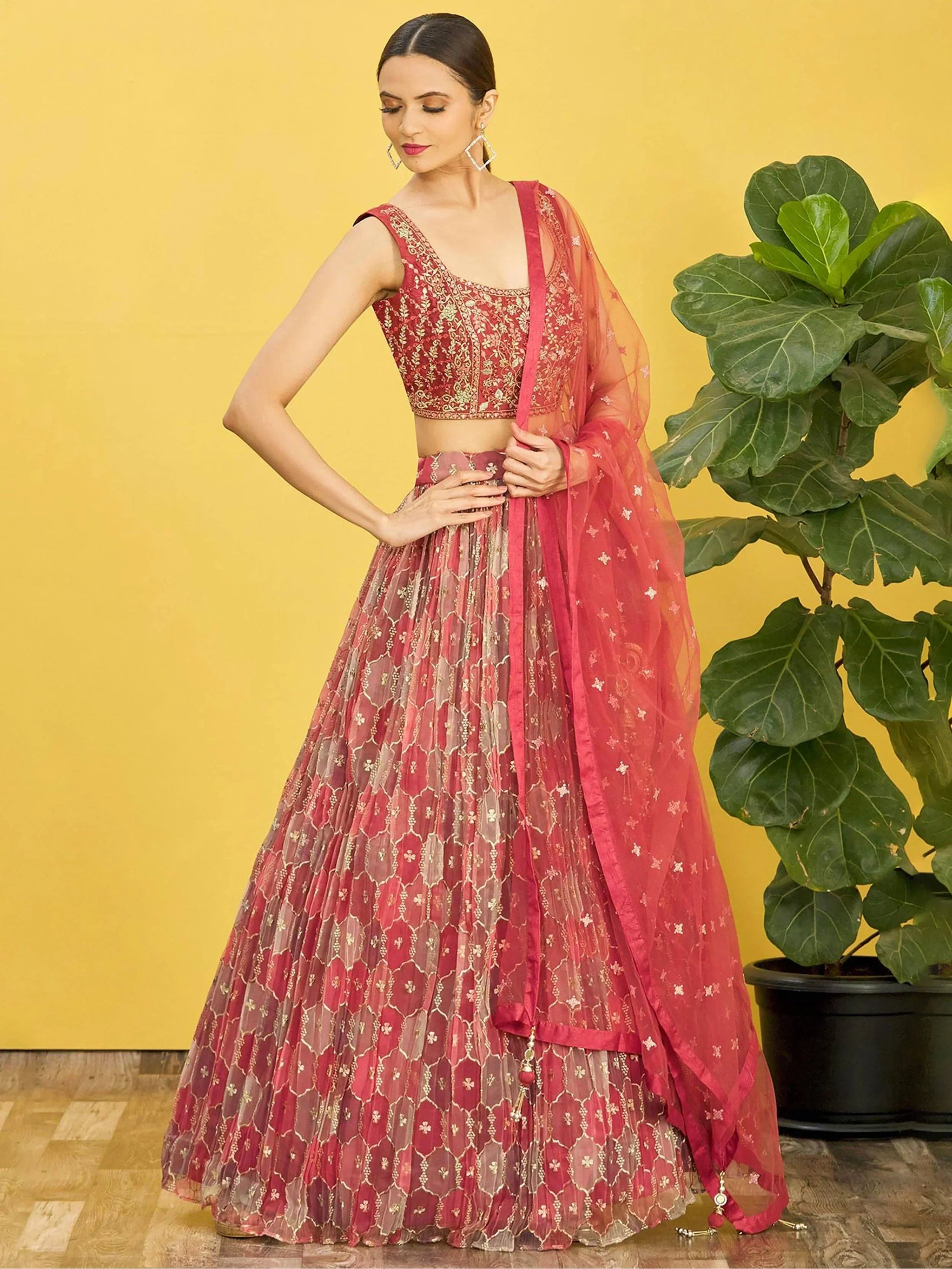 Ravishing Dusty Pink Mirror Work Organza Engagements Lehenga Choli