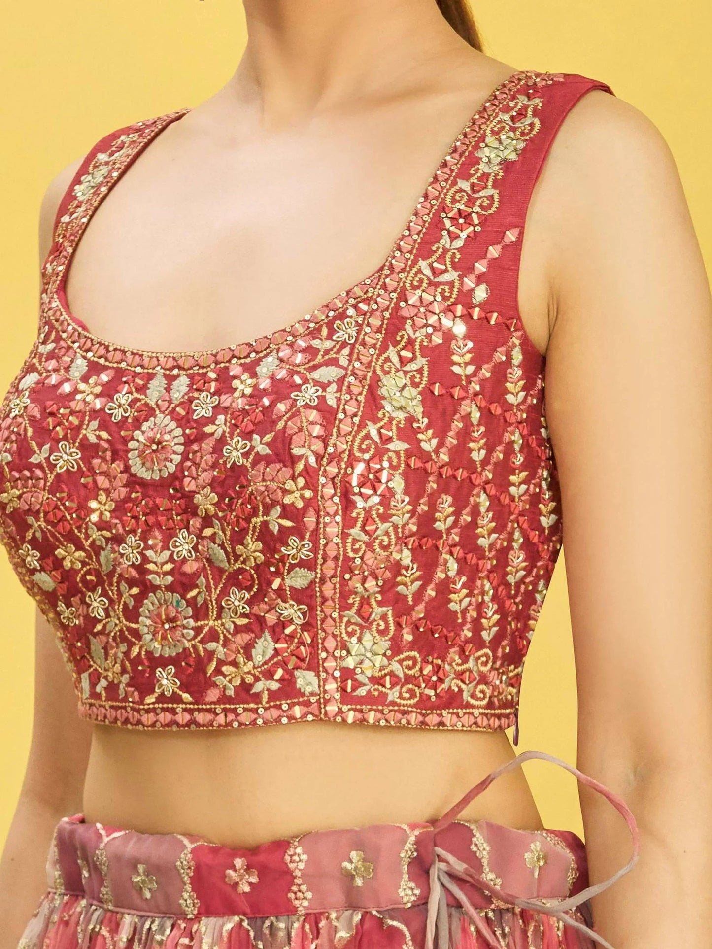 Ravishing Dusty Pink Mirror Work Organza Engagements Lehenga Choli