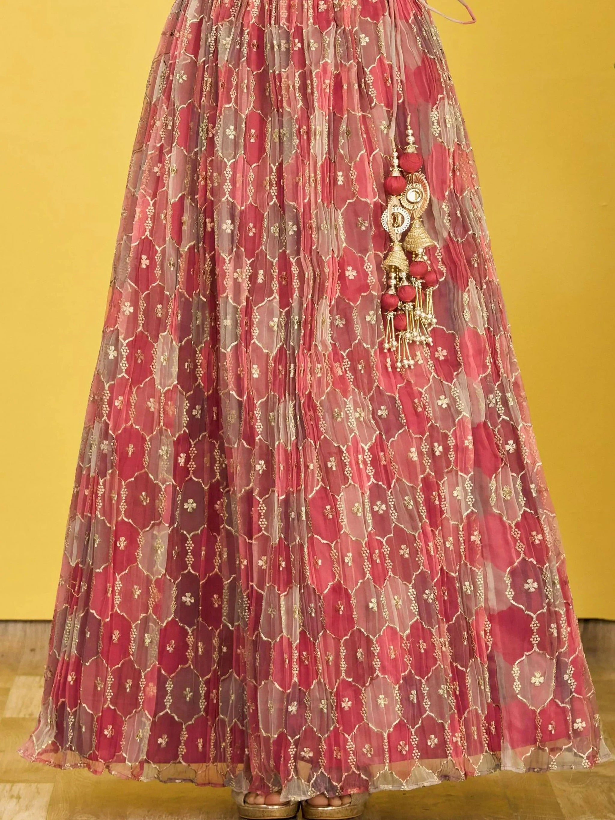 Ravishing Dusty Pink Mirror Work Organza Engagements Lehenga Choli