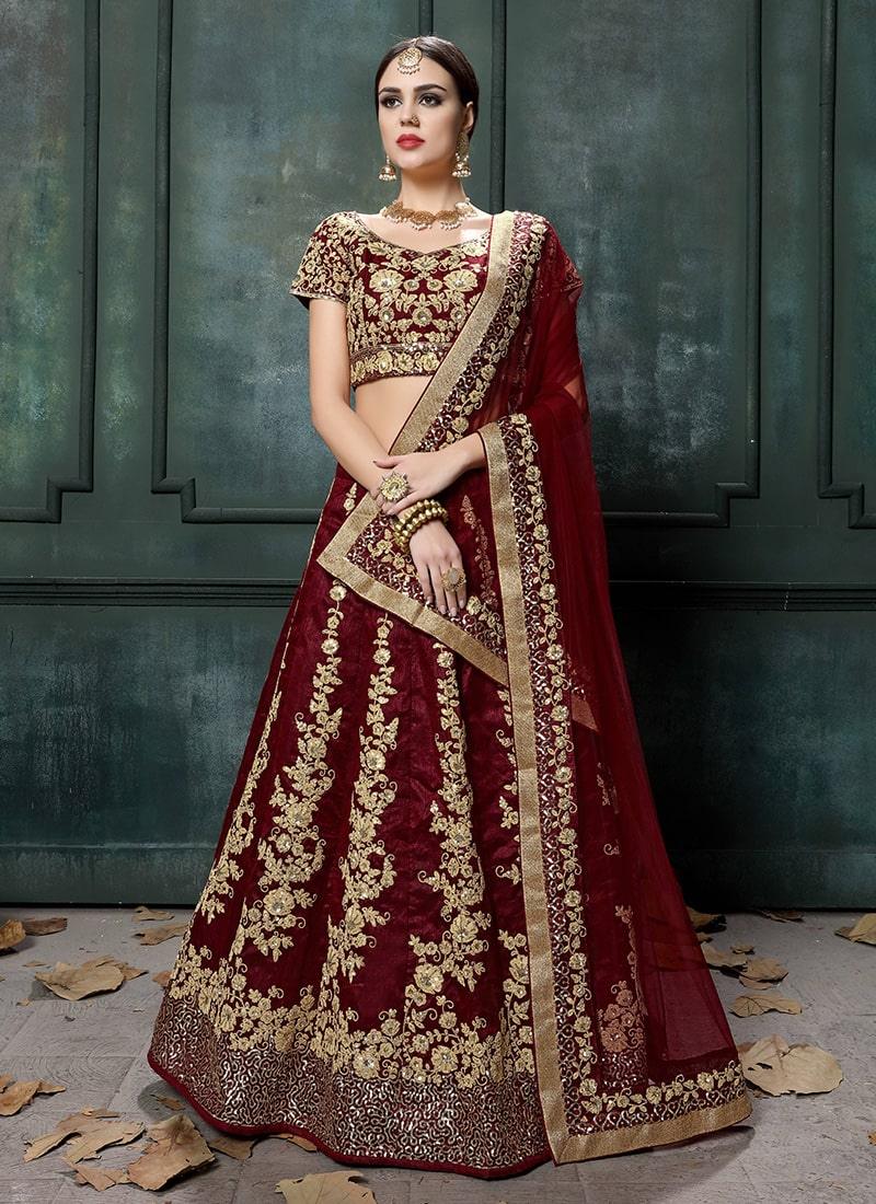 Ravishing Floral Work On Maroon Lehenga Choli With Dupatta Set