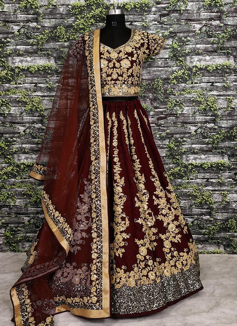 Ravishing Floral Work On Maroon Lehenga Choli With Dupatta Set