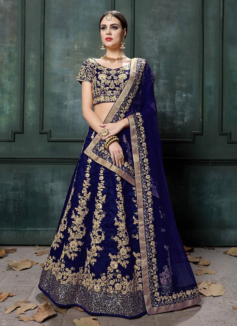 Ravishing Floral Work On Navy Blue Lehenga Choli With Dupatta Set