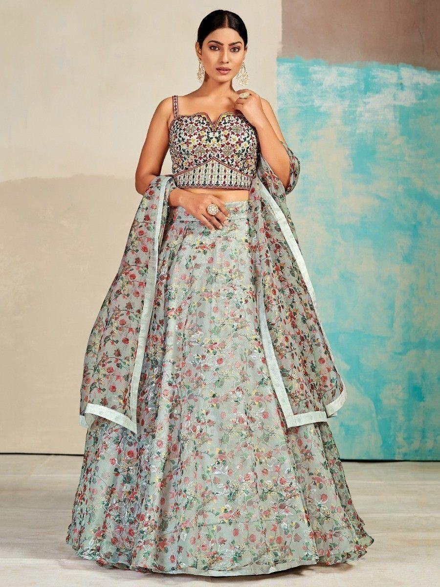 Ravishing Grey Digital Print Organza Lehenga Choli With Dupatta