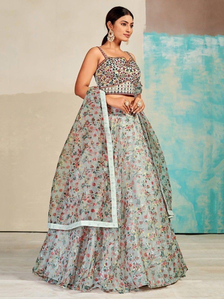 Ravishing Grey Digital Print Organza Lehenga Choli With Dupatta
