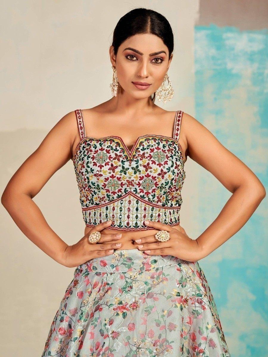 Ravishing Grey Digital Print Organza Lehenga Choli With Dupatta