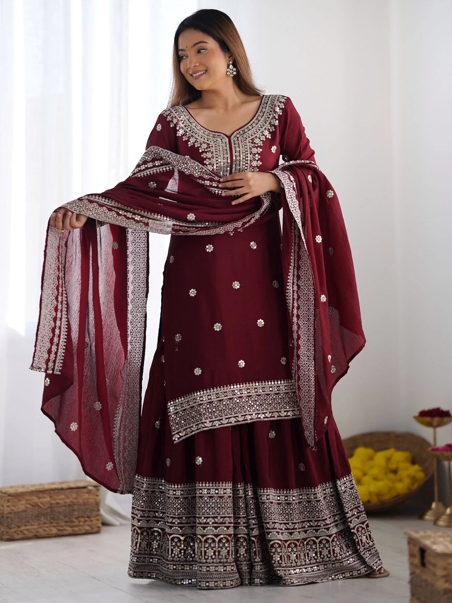 Ravishing Maroon Sequins Chinon Traditional Sharara Suit With Dupatta