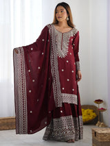 Ravishing Maroon Sequins Chinon Traditional Sharara Suit With Dupatta