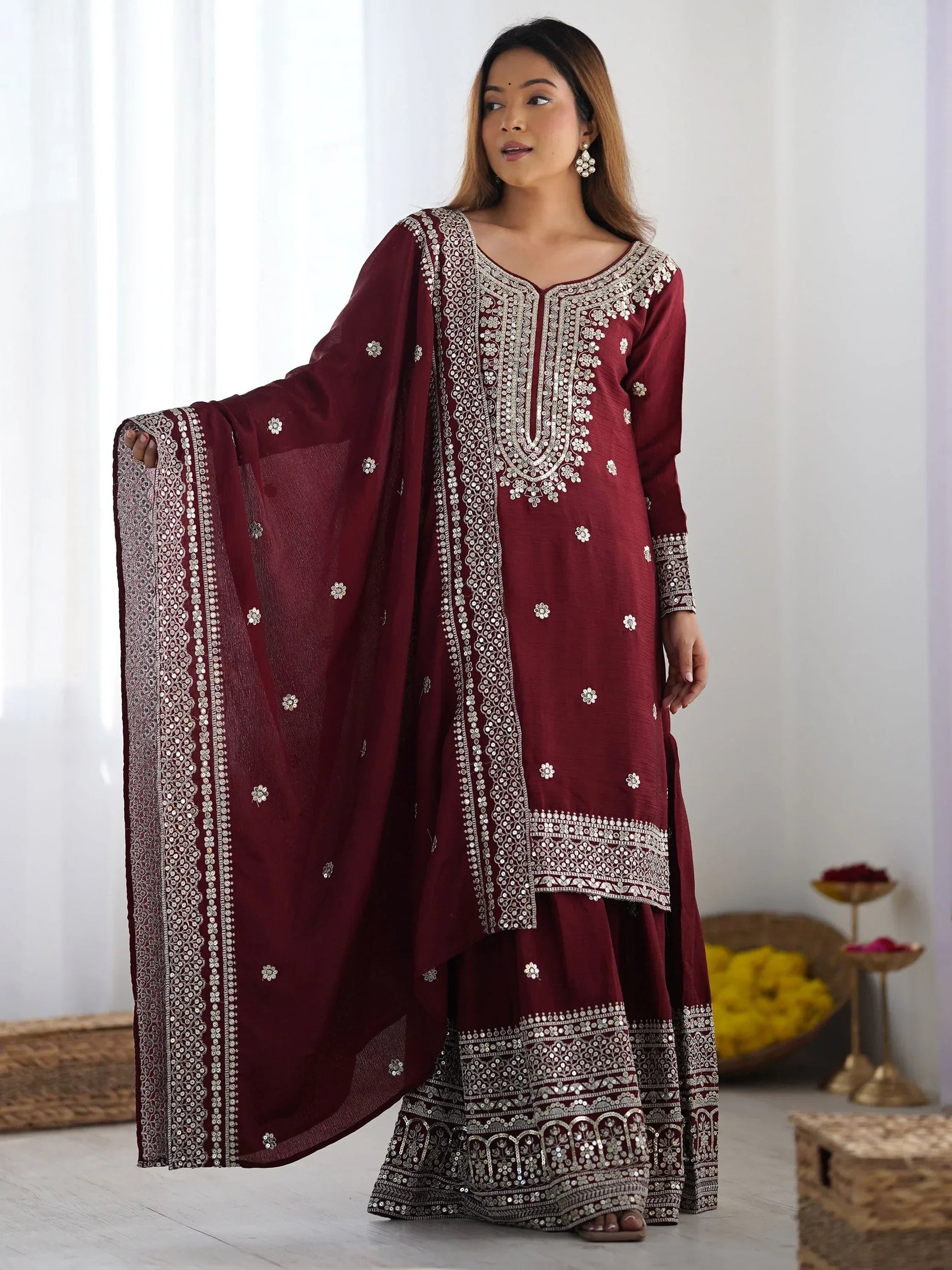 Ravishing Maroon Sequins Chinon Traditional Sharara Suit With Dupatta