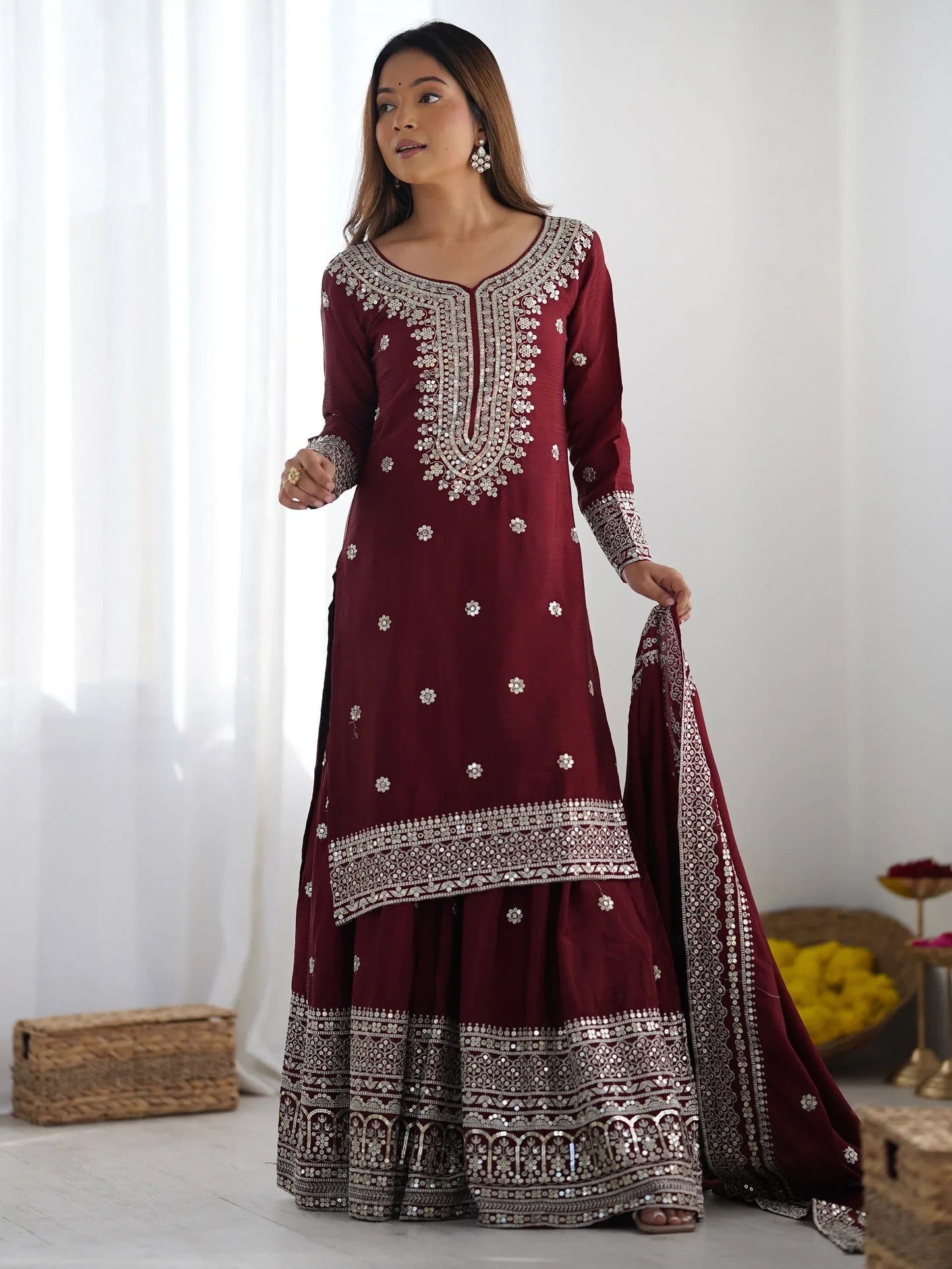 Ravishing Maroon Sequins Chinon Traditional Sharara Suit With Dupatta