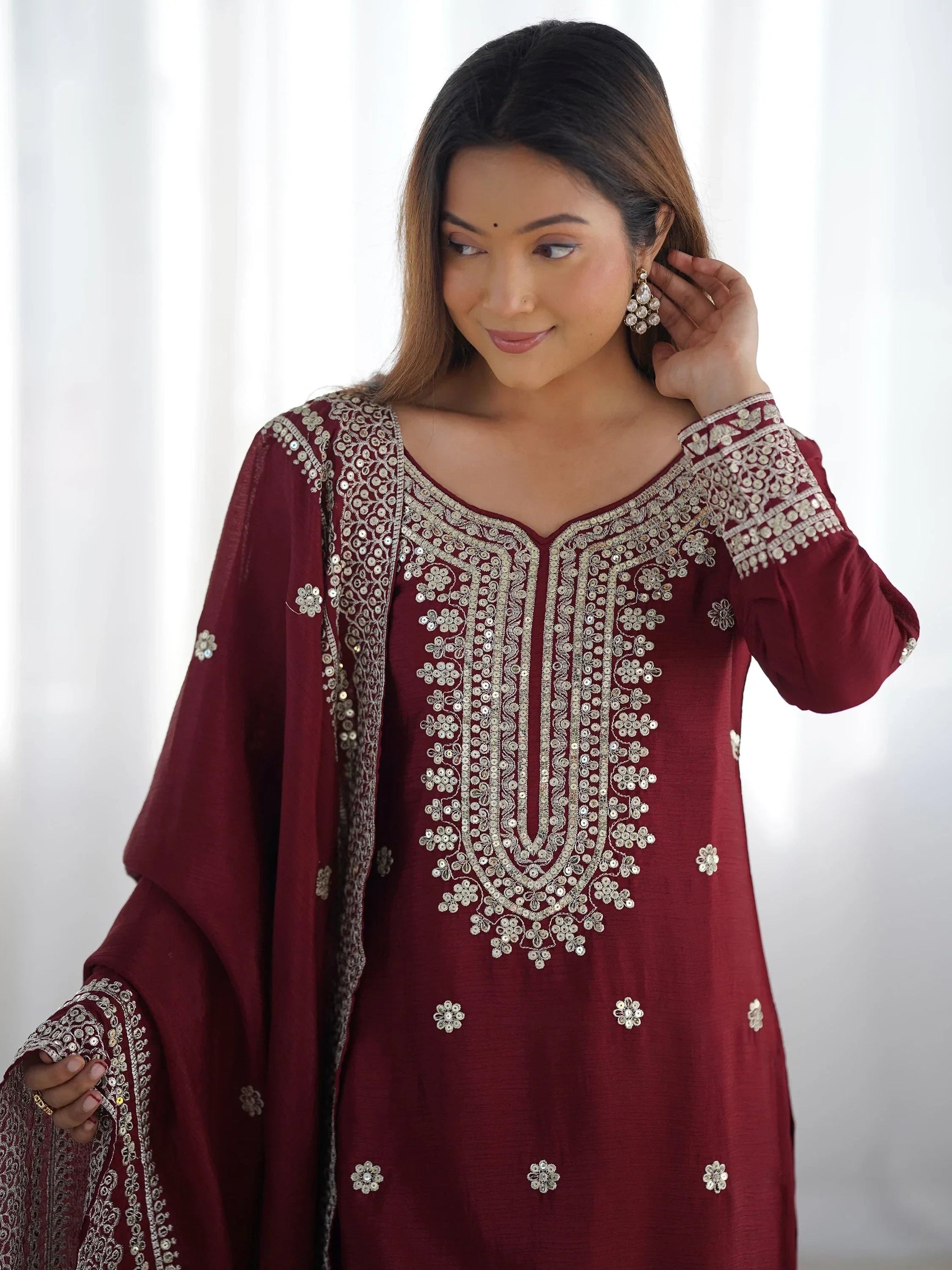 Ravishing Maroon Sequins Chinon Traditional Sharara Suit With Dupatta