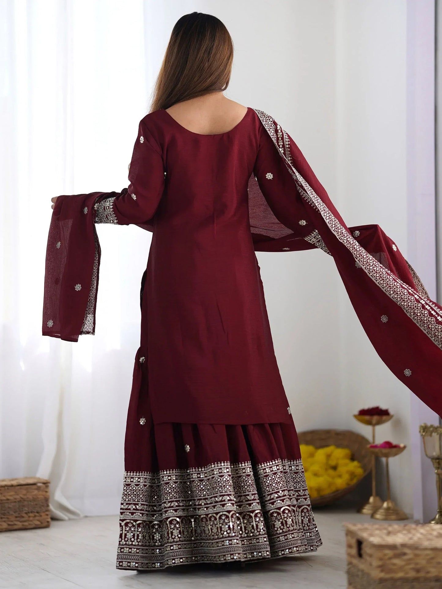 Ravishing Maroon Sequins Chinon Traditional Sharara Suit With Dupatta