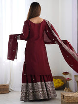 Ravishing Maroon Sequins Chinon Traditional Sharara Suit With Dupatta
