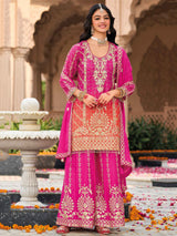Ravishing Pink Embroidered Chinon Festival Wear Palazzo Suit