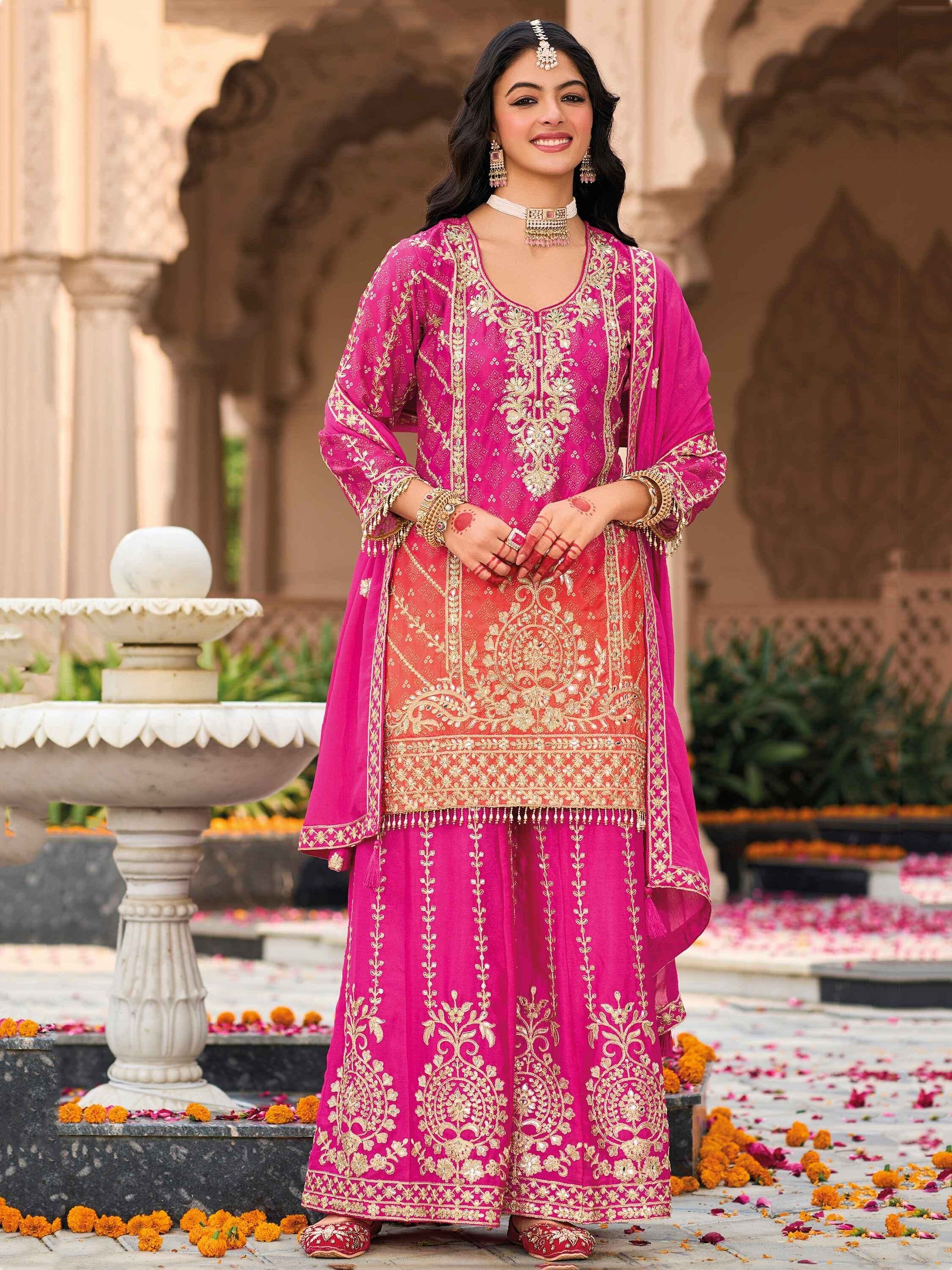 Ravishing Pink Embroidered Chinon Festival Wear Palazzo Suit