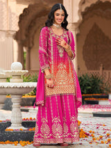 Ravishing Pink Embroidered Chinon Festival Wear Palazzo Suit