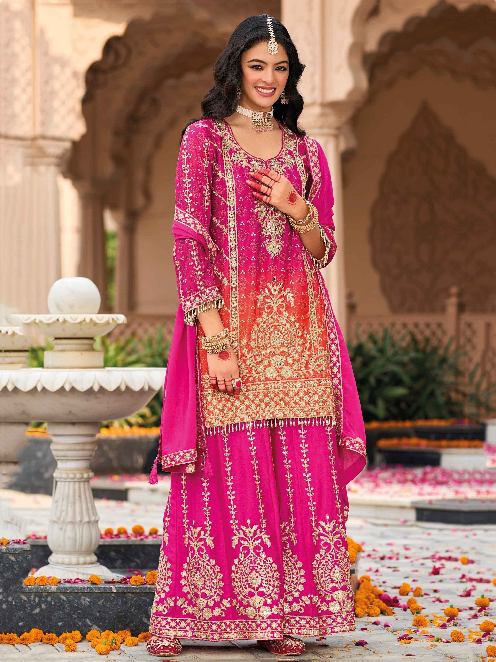 Ravishing Pink Embroidered Chinon Festival Wear Palazzo Suit