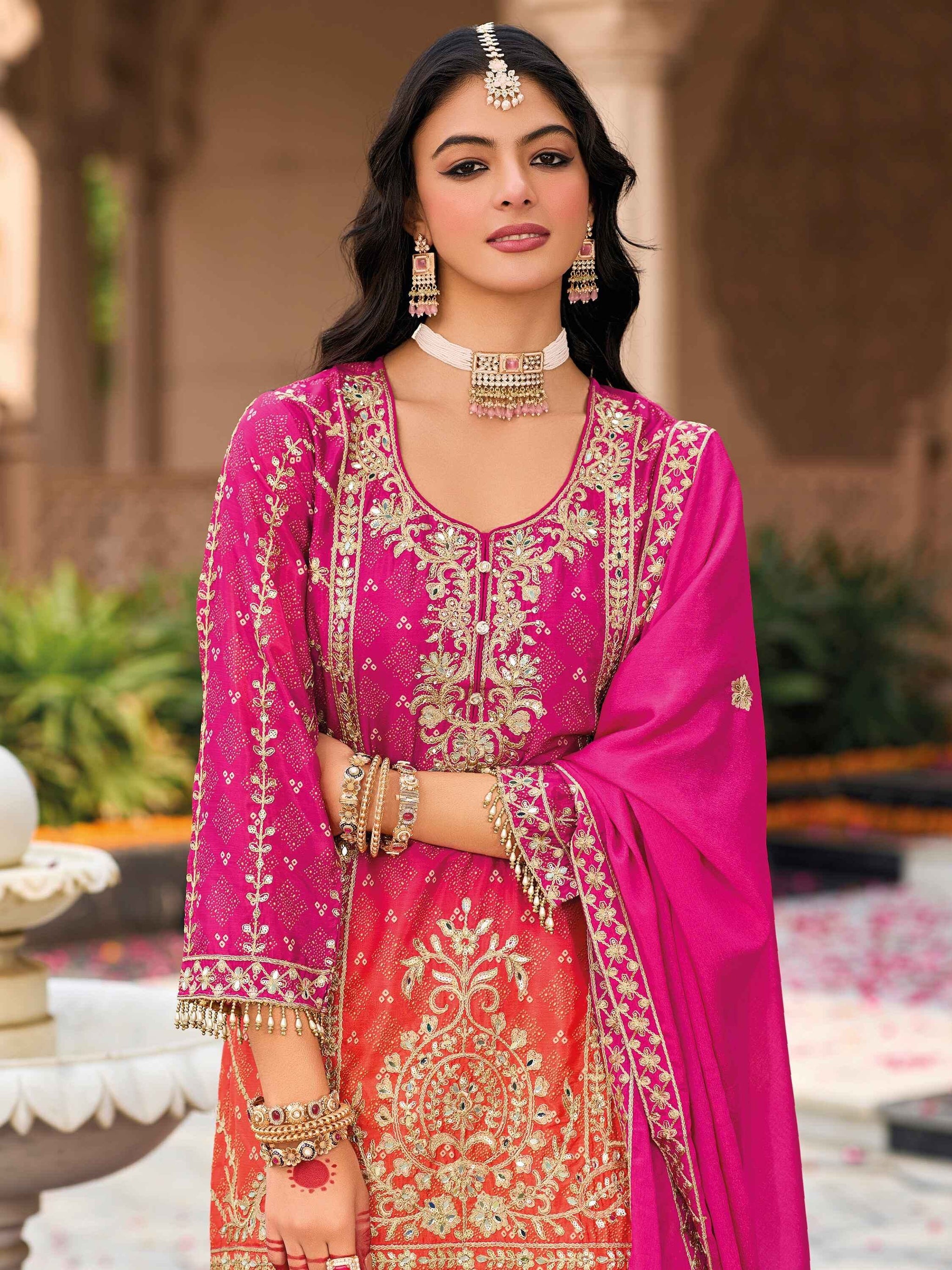 Ravishing Pink Embroidered Chinon Festival Wear Palazzo Suit