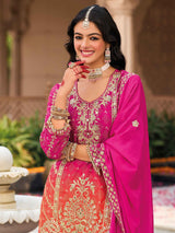 Ravishing Pink Embroidered Chinon Festival Wear Palazzo Suit