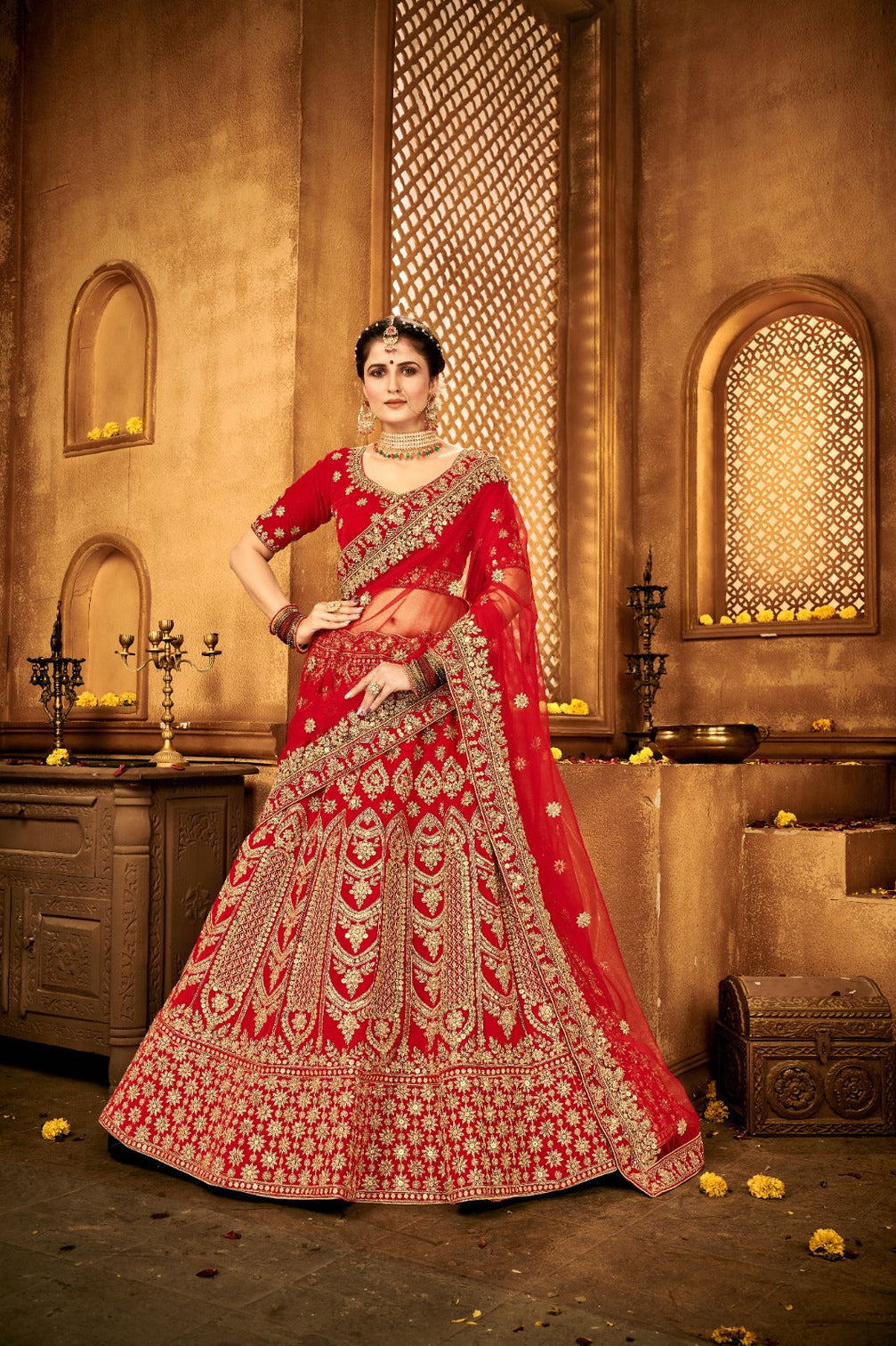 Ravishing Red Velvet Bridal Lehenga Choli Embroidered with Sequins & Stones