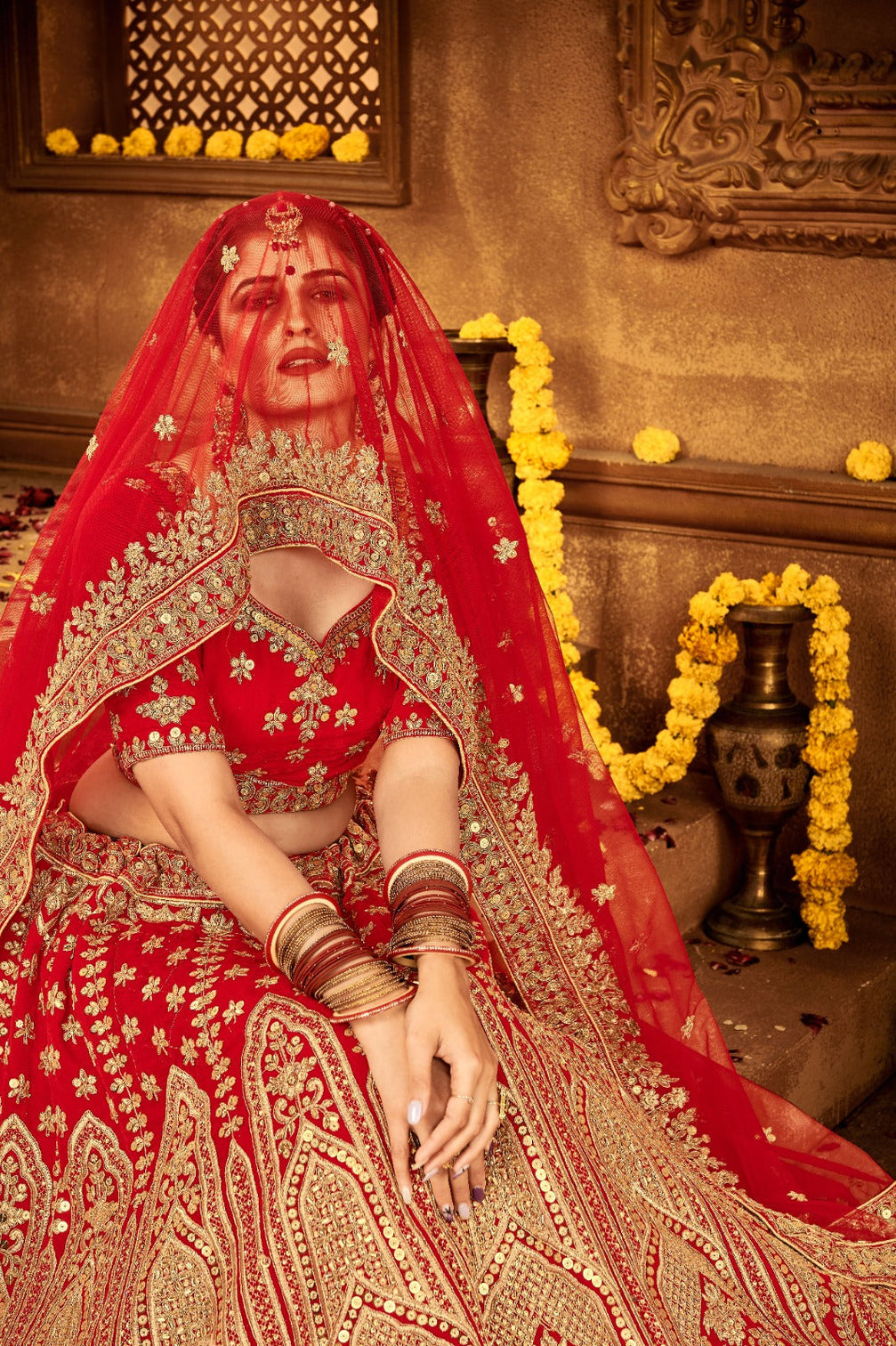 Ravishing Red Velvet Bridal Lehenga Choli Embroidered with Sequins & Stones