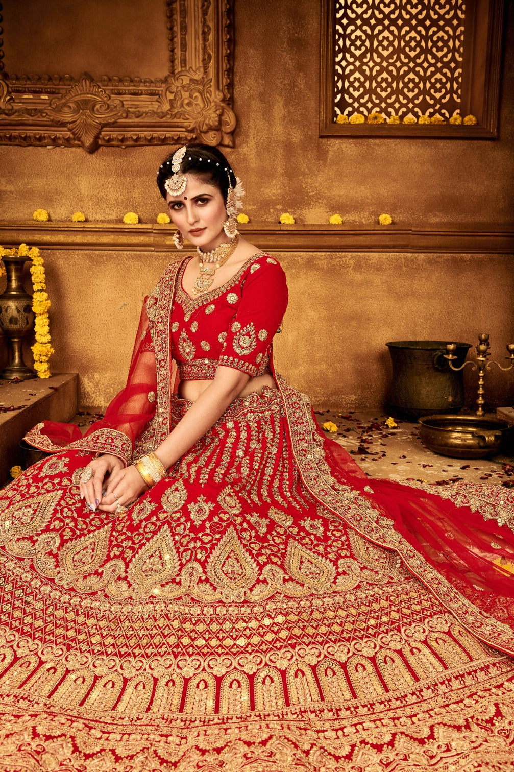 Ravishing Red Velvet Bridal Lehenga Choli Embroidered with Sequins & Stones