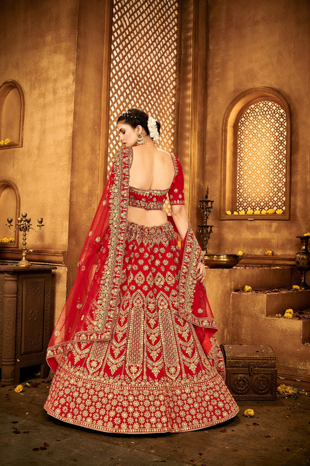 Ravishing Red Velvet Bridal Lehenga Choli Embroidered with Sequins & Stones