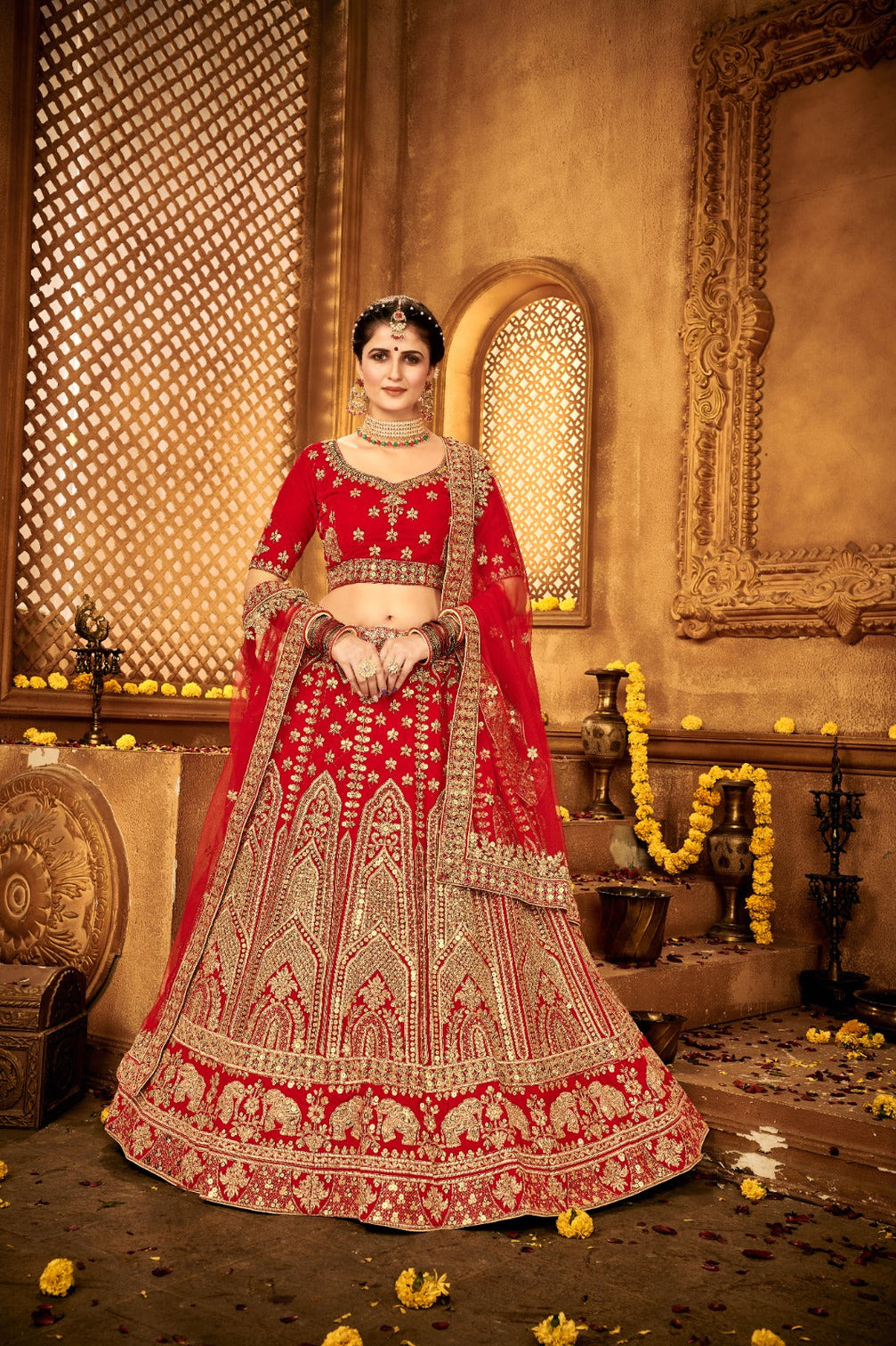 Ravishing Red Velvet Bridal Lehenga Choli Embroidered with Sequins & Stones