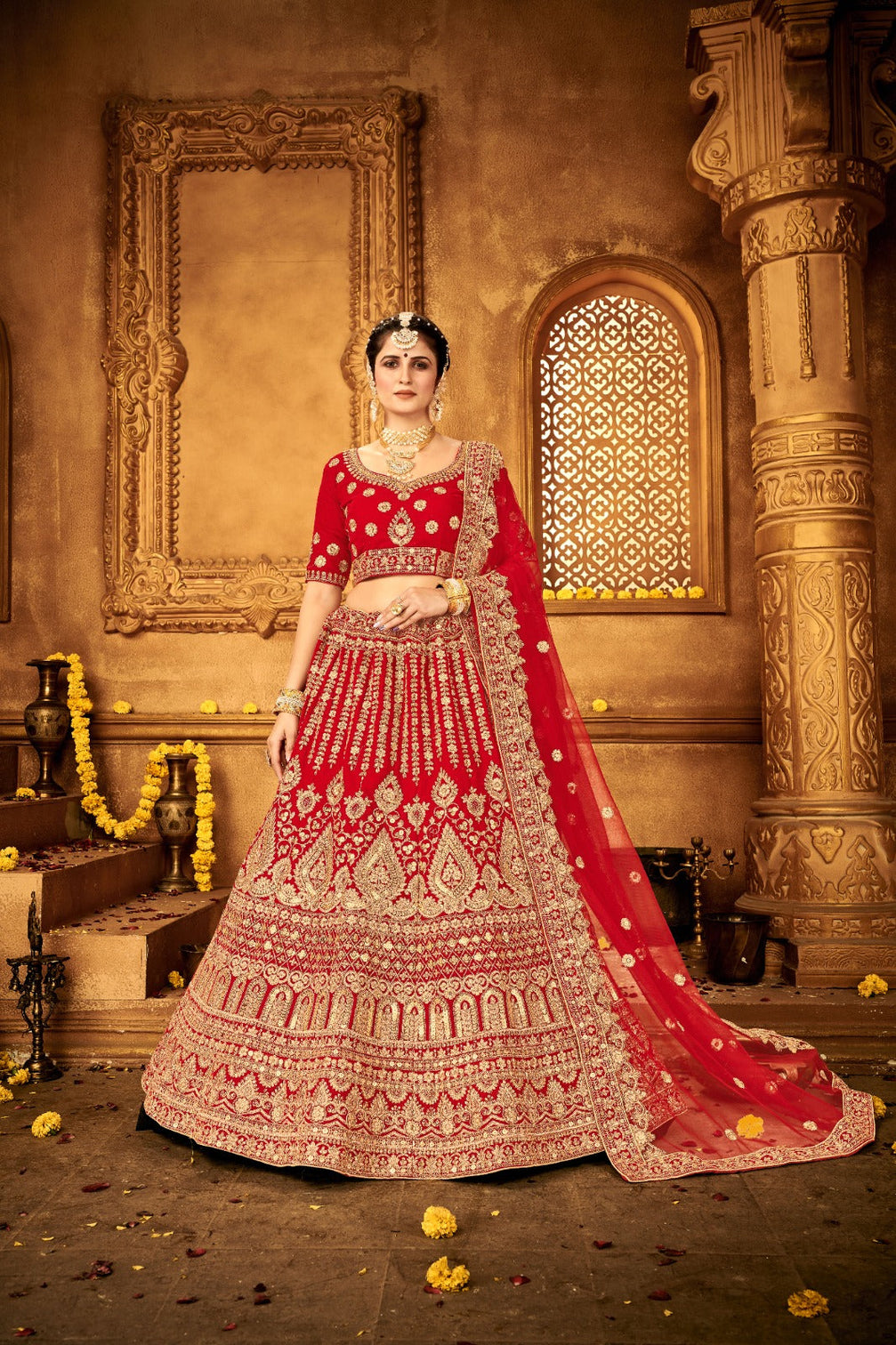 Ravishing Red Velvet Bridal Lehenga Choli Embroidered with Sequins & Stones